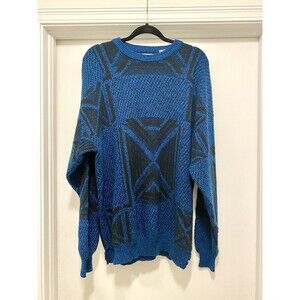 Vintage Grandpa Sweater Men's XL Tall Blue 90s Crewneck Geometric Chunky Cosby